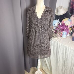 ZARA XS Chiffon Mini Dress Black Beige Dot Ruffle V Neck Sheer Boho Morocco XS